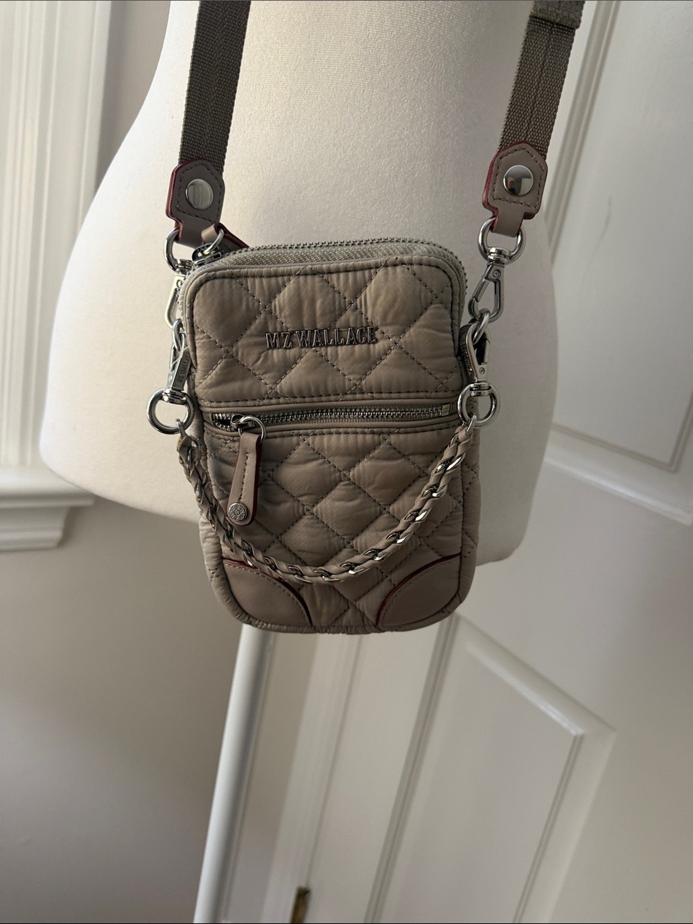 MZ Wallace Quilted Crossbody Phone Pouch in Taupe with Chain Detail